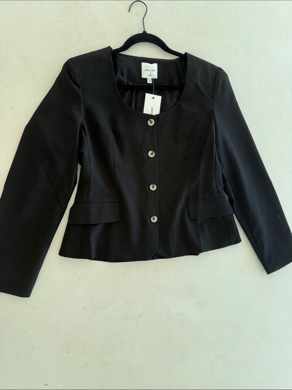 Love Tree Black Scoop-Neck Tailored Blazer with Front Buttons